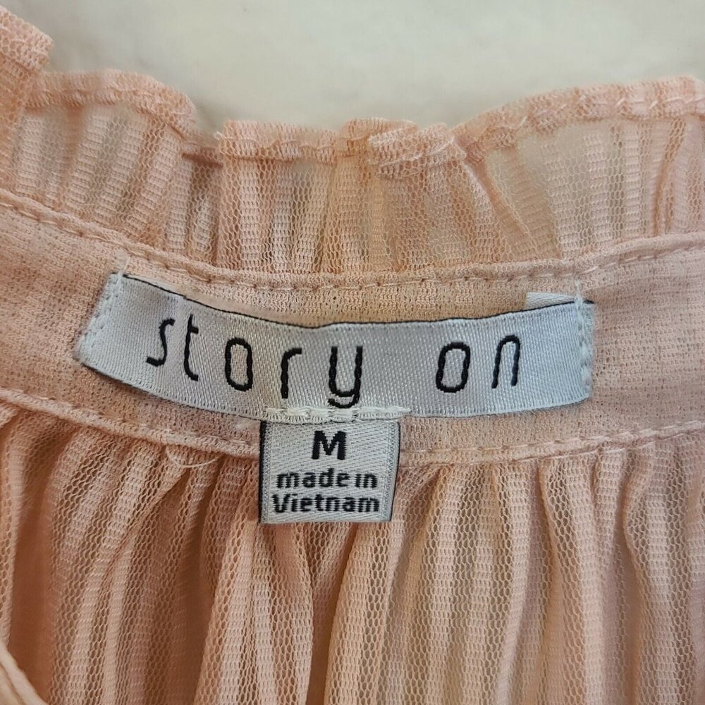 Story On Shirt Women Medium Pink Stripe Popover Sheer Peasant Boho Casual Summer - Picture 4 of 12